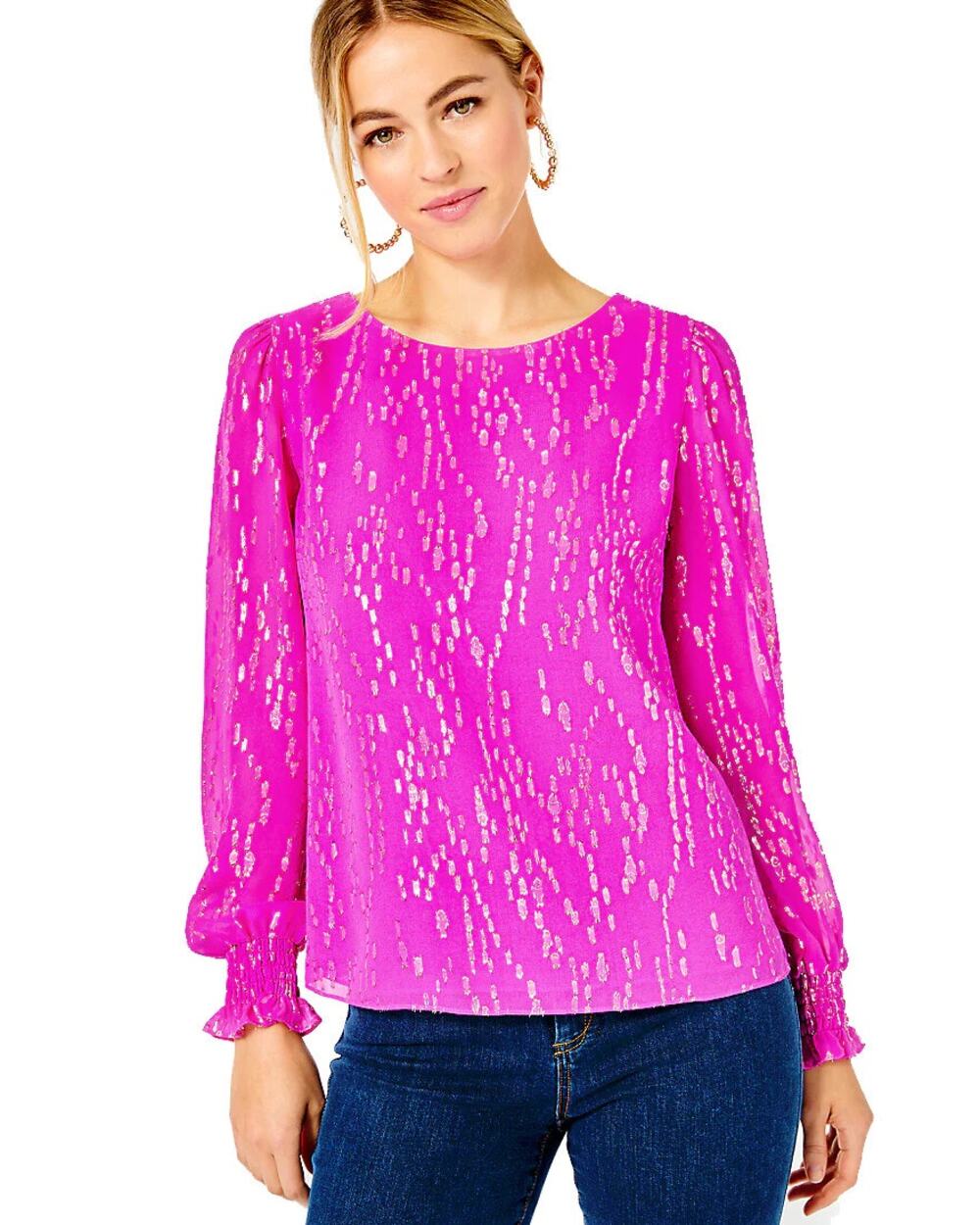 Lilly Pulitzer Idina Metallic Fish Clip Silk Chiffon Blouse Elderberry Womens XL